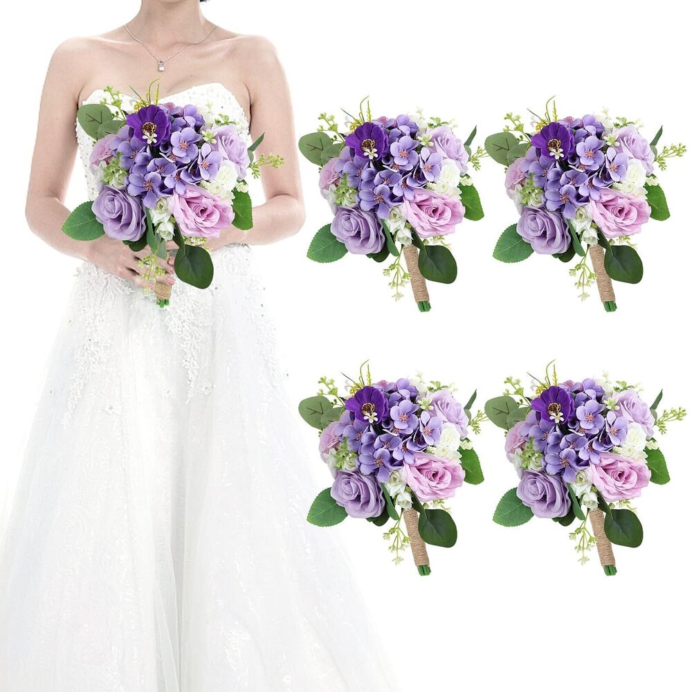 4067 Set of 4 Bridesmaid Bouquets for Wedding - 7 Inch Artificial Flowers